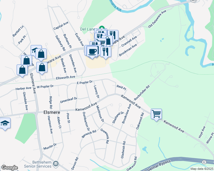 map of restaurants, bars, coffee shops, grocery stores, and more near 8 Clermont Street in Delmar