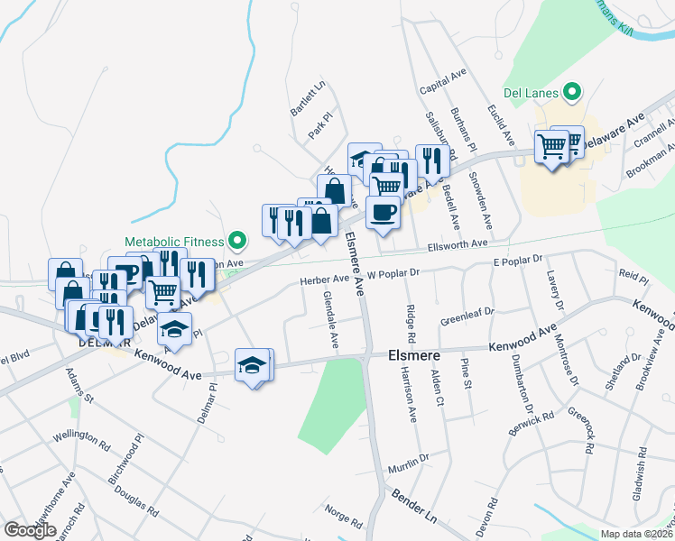 map of restaurants, bars, coffee shops, grocery stores, and more near 12 Herber Avenue in Delmar