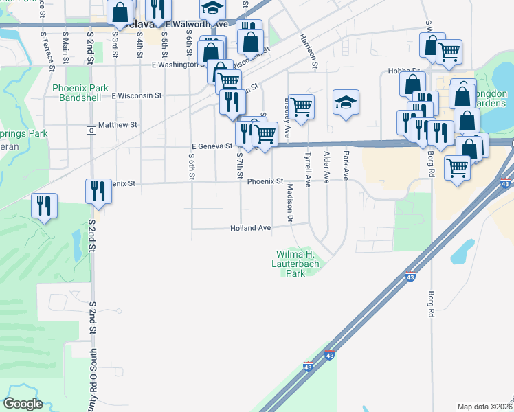 map of restaurants, bars, coffee shops, grocery stores, and more near 717 Holland Avenue in Delavan