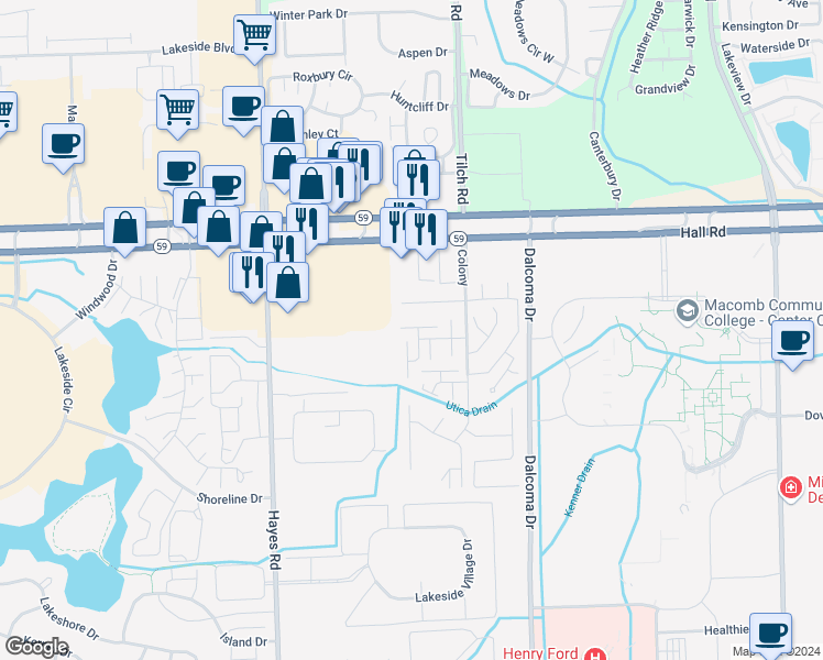 map of restaurants, bars, coffee shops, grocery stores, and more near 44663 North Bunker Hill Drive in Charter Township of Clinton