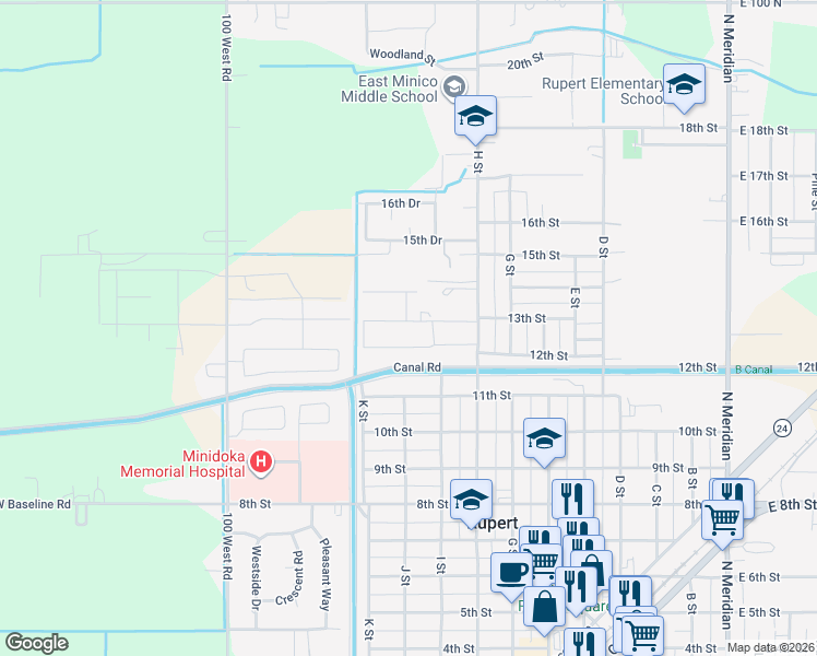 map of restaurants, bars, coffee shops, grocery stores, and more near 915 13th Street in Rupert