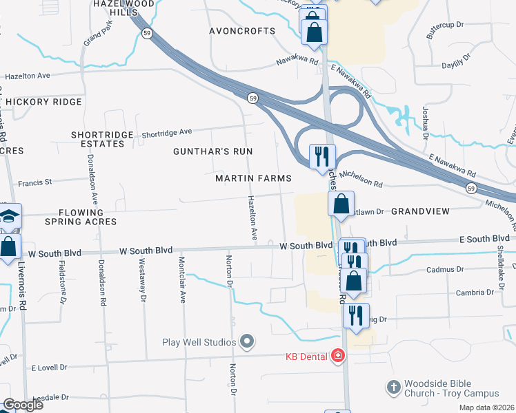 map of restaurants, bars, coffee shops, grocery stores, and more near 3791 Hazelton Avenue in Rochester Hills