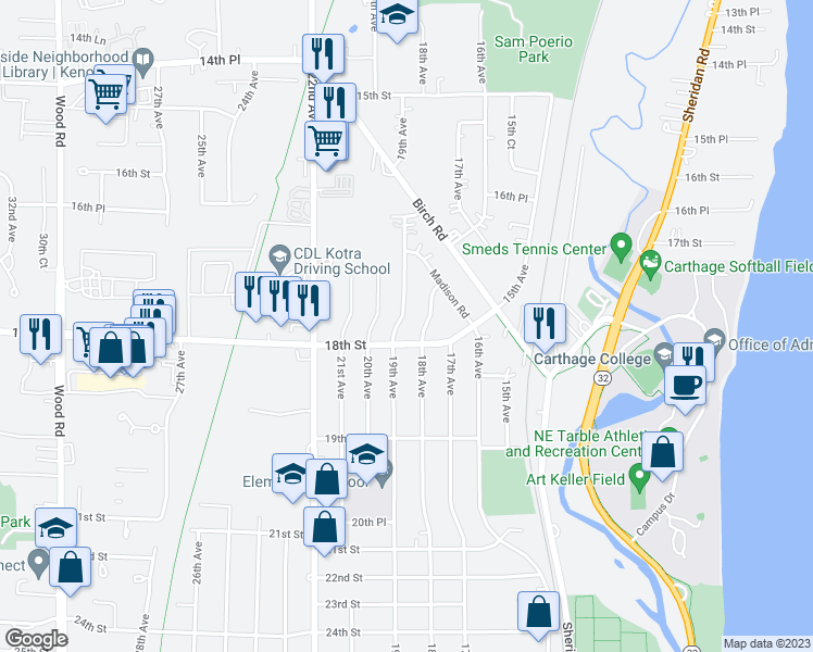 map of restaurants, bars, coffee shops, grocery stores, and more near 1775 19th Avenue in Kenosha