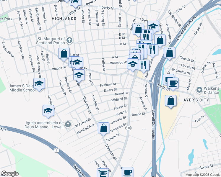 map of restaurants, bars, coffee shops, grocery stores, and more near 23 Joyce Avenue in Lowell