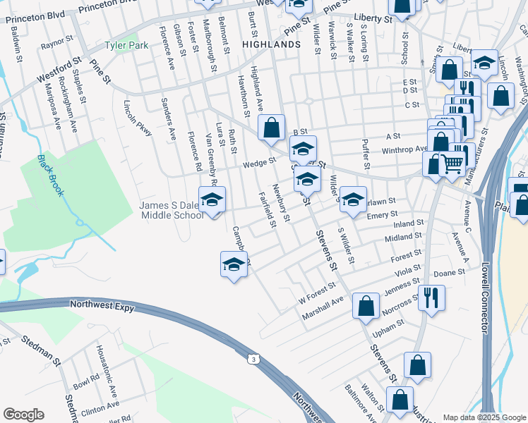 map of restaurants, bars, coffee shops, grocery stores, and more near 53 Fairfield Street in Lowell