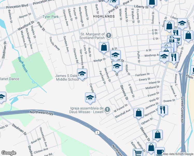 map of restaurants, bars, coffee shops, grocery stores, and more near 53 Fairfield Street in Lowell