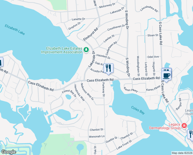 map of restaurants, bars, coffee shops, grocery stores, and more near 4033 Arcadia Park Drive in Waterford Township