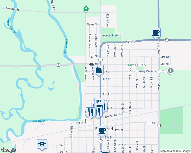 map of restaurants, bars, coffee shops, grocery stores, and more near 407 1st Center Avenue in Brodhead