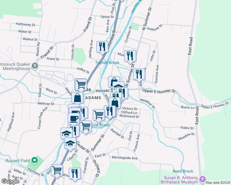 map of restaurants, bars, coffee shops, grocery stores, and more near 21 Hoosac Street in Adams