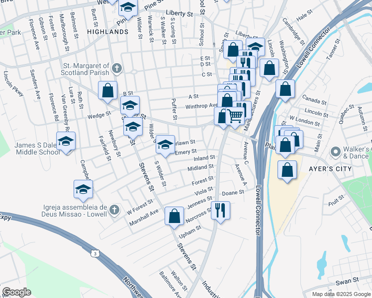 map of restaurants, bars, coffee shops, grocery stores, and more near 23 Joyce Avenue in Lowell