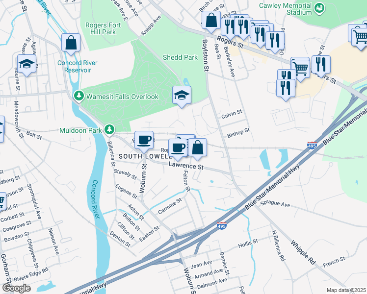 map of restaurants, bars, coffee shops, grocery stores, and more near 96 Roper Street in Lowell