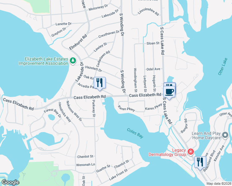 map of restaurants, bars, coffee shops, grocery stores, and more near 3840 Oak Knoll Road in Waterford Township