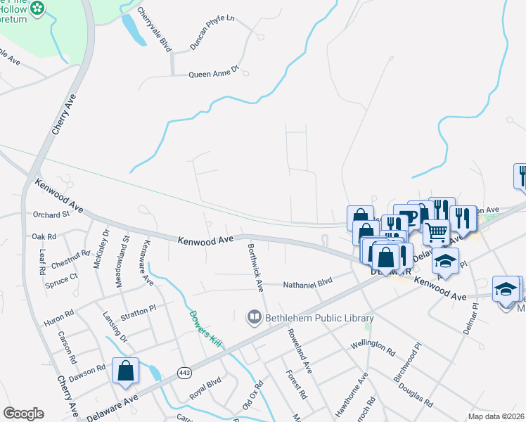 map of restaurants, bars, coffee shops, grocery stores, and more near 176 Hudson Avenue in Delmar