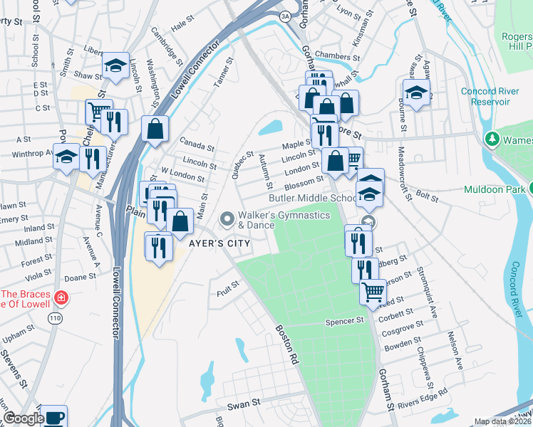 map of restaurants, bars, coffee shops, grocery stores, and more near 110 Blossom Street in Lowell