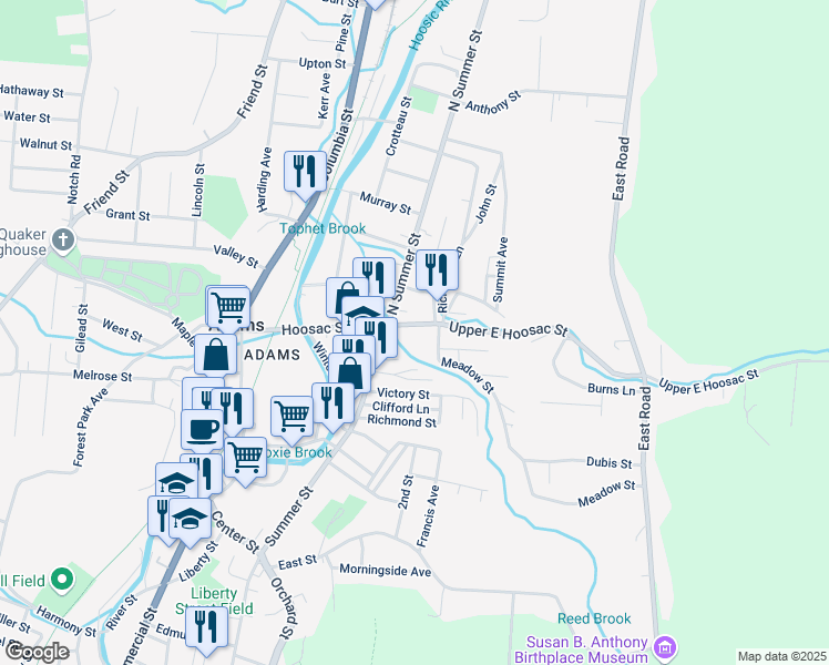 map of restaurants, bars, coffee shops, grocery stores, and more near in Adams