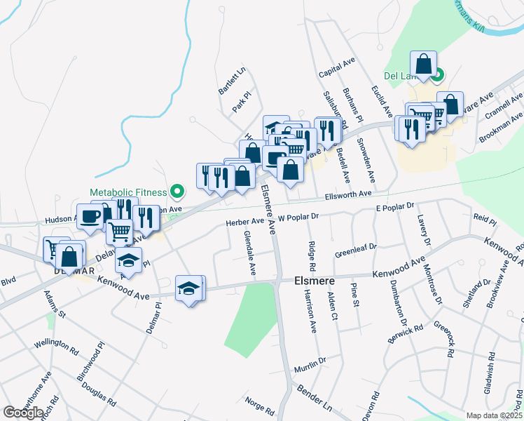 map of restaurants, bars, coffee shops, grocery stores, and more near 254 Delaware Avenue in Delmar