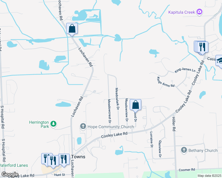 map of restaurants, bars, coffee shops, grocery stores, and more near 1074 Meadowlark Drive in Waterford Township