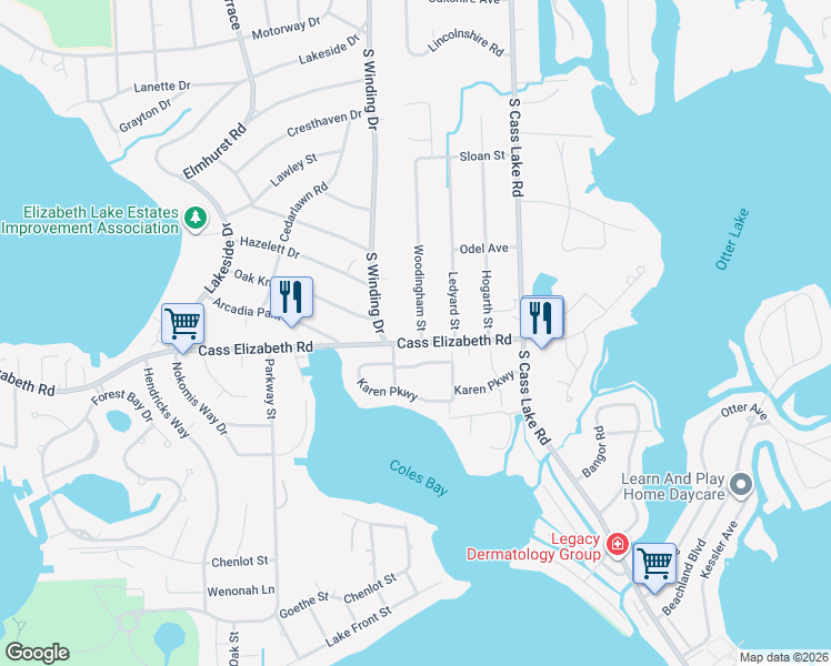map of restaurants, bars, coffee shops, grocery stores, and more near 964 Woodingham Street in Waterford Township