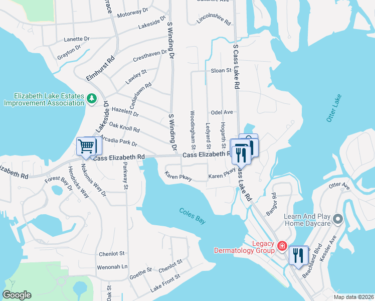 map of restaurants, bars, coffee shops, grocery stores, and more near 964 Woodingham Street in Waterford Township