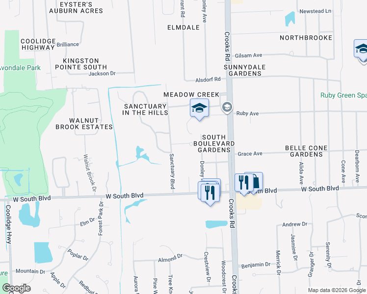 map of restaurants, bars, coffee shops, grocery stores, and more near 2222 Sanctuary Court in Rochester Hills