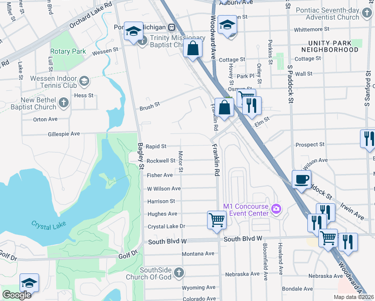 map of restaurants, bars, coffee shops, grocery stores, and more near 218 Rapid Street in Pontiac