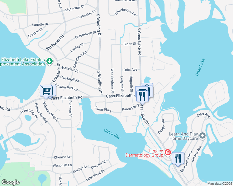 map of restaurants, bars, coffee shops, grocery stores, and more near 920 Ledyard Street in Waterford Township