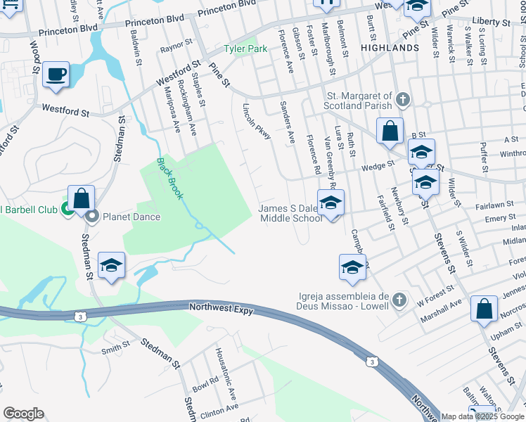 map of restaurants, bars, coffee shops, grocery stores, and more near 250 Westview Road in Lowell