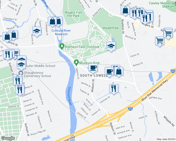 map of restaurants, bars, coffee shops, grocery stores, and more near 1130 Lawrence Street in Lowell