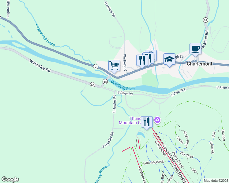 map of restaurants, bars, coffee shops, grocery stores, and more near 23 South River Road in Charlemont