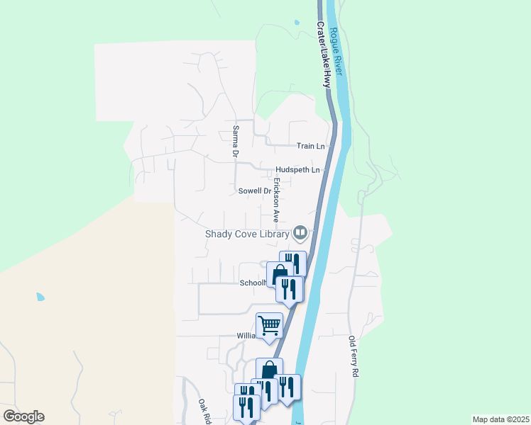 map of restaurants, bars, coffee shops, grocery stores, and more near 20 Sowell Court in Shady Cove
