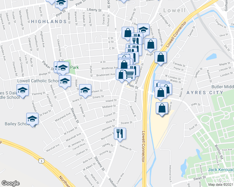 map of restaurants, bars, coffee shops, grocery stores, and more near 537 Chelmsford Street in Lowell