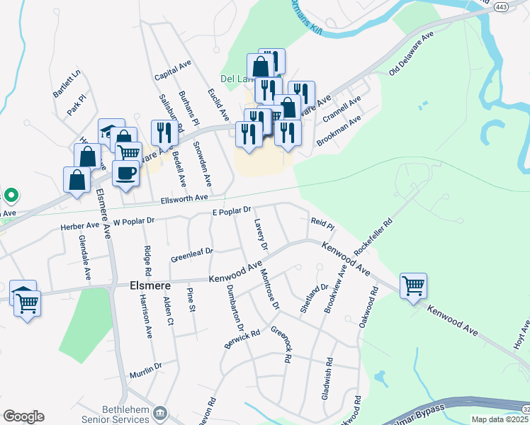 map of restaurants, bars, coffee shops, grocery stores, and more near 114 East Poplar Drive in Delmar