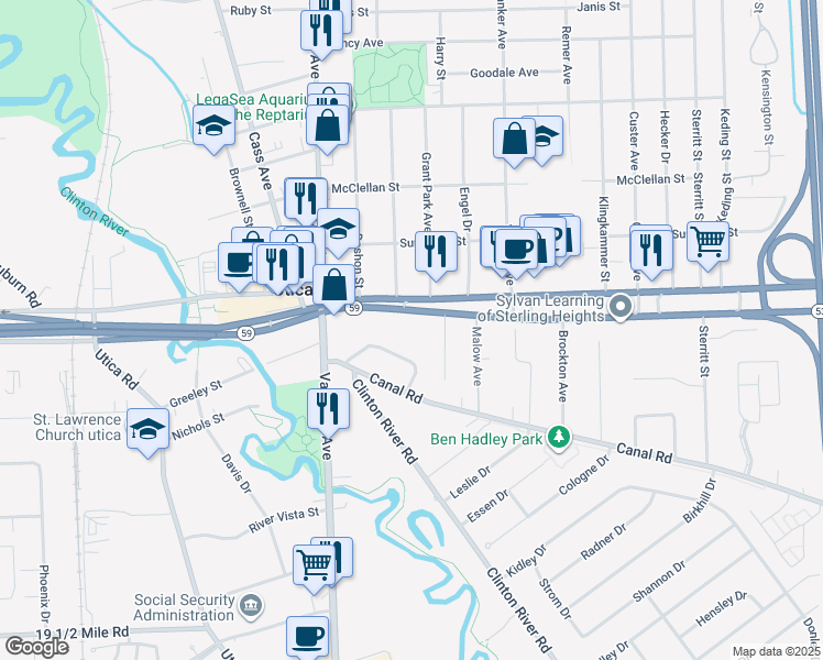 map of restaurants, bars, coffee shops, grocery stores, and more near 8448 Hall Road in Sterling Heights