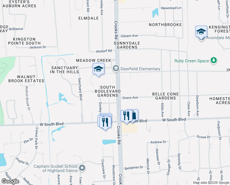 map of restaurants, bars, coffee shops, grocery stores, and more near 3724 Crooks Road in Rochester Hills