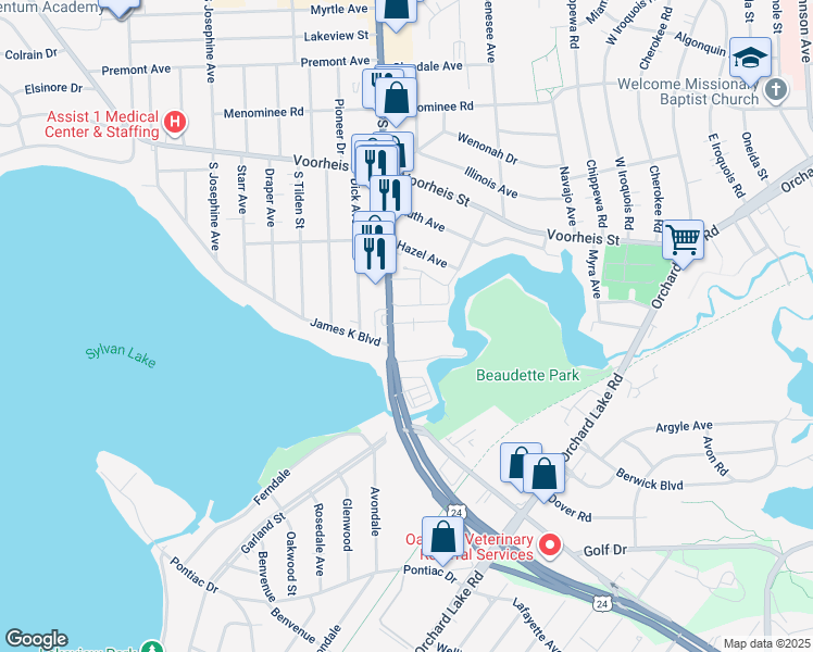 map of restaurants, bars, coffee shops, grocery stores, and more near 12 Edna Avenue in Pontiac