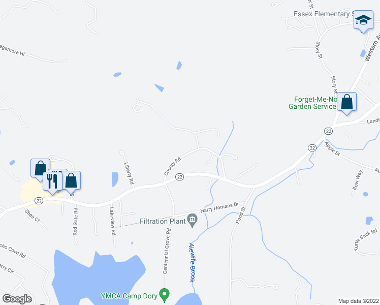 map of restaurants, bars, coffee shops, grocery stores, and more near 24 County Road in Essex