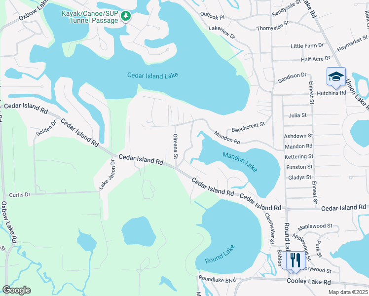map of restaurants, bars, coffee shops, grocery stores, and more near 898 Olreana Street in White Lake charter Township