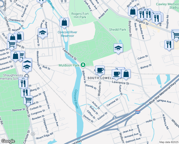 map of restaurants, bars, coffee shops, grocery stores, and more near 1104 Lawrence Street in Lowell