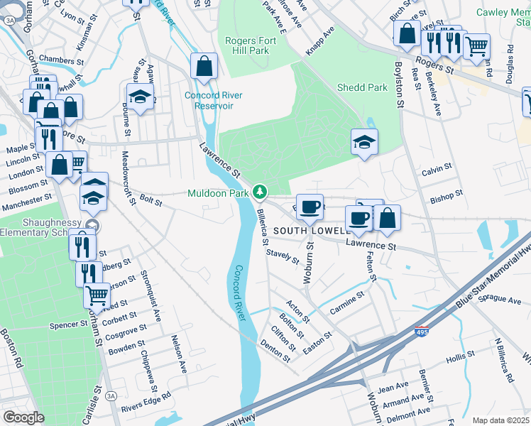map of restaurants, bars, coffee shops, grocery stores, and more near 10 Billerica Street in Lowell