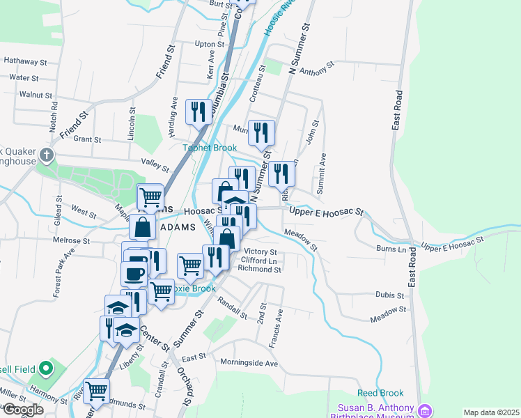 map of restaurants, bars, coffee shops, grocery stores, and more near 4 North Summer Street in Adams