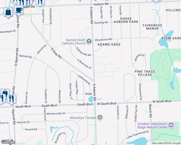 map of restaurants, bars, coffee shops, grocery stores, and more near 3680 South Adams Road in Auburn Hills