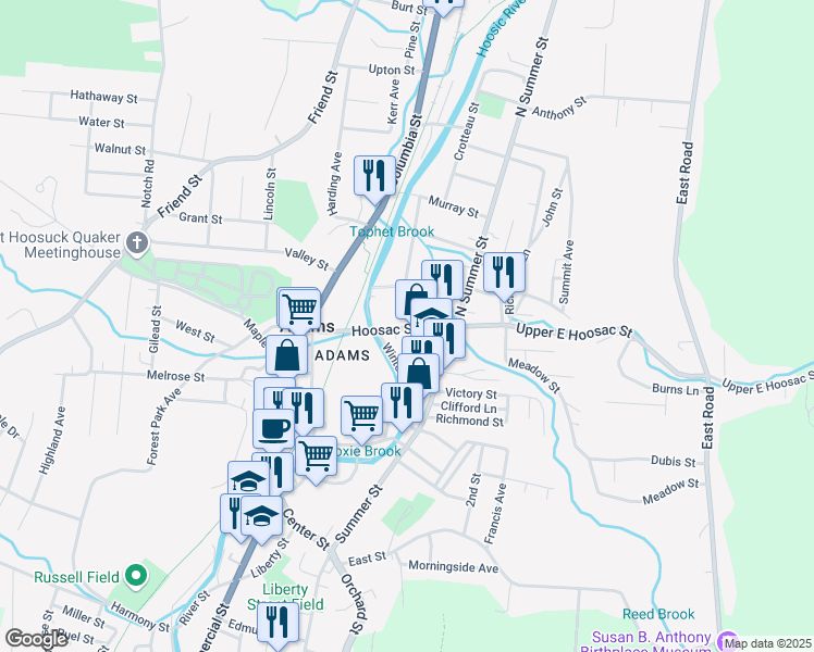 map of restaurants, bars, coffee shops, grocery stores, and more near 1 Mill Street in Adams