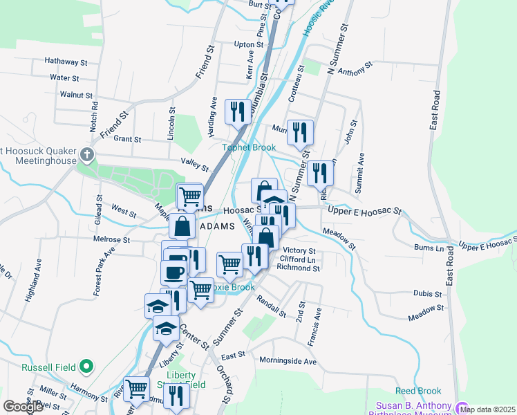 map of restaurants, bars, coffee shops, grocery stores, and more near 1 Mill Street in Adams