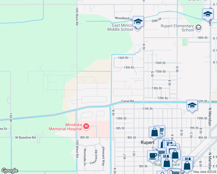 map of restaurants, bars, coffee shops, grocery stores, and more near 1102 Ruby Drive in Rupert