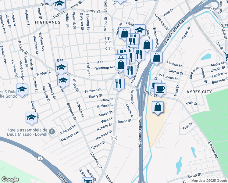 map of restaurants, bars, coffee shops, grocery stores, and more near 537 Chelmsford Street in Lowell