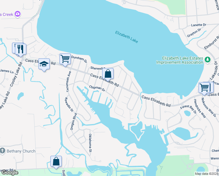 map of restaurants, bars, coffee shops, grocery stores, and more near 1012 Iroquois Street in Waterford Township