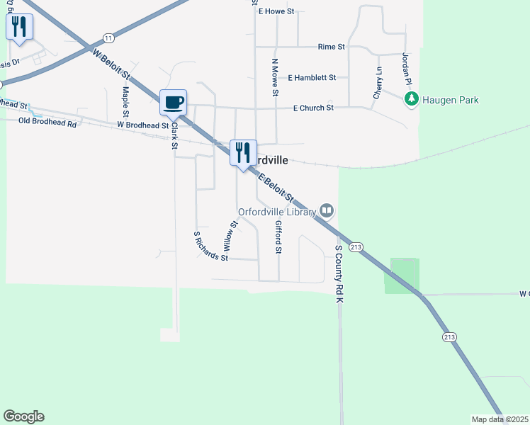 map of restaurants, bars, coffee shops, grocery stores, and more near 208 Dickson Street in Orfordville
