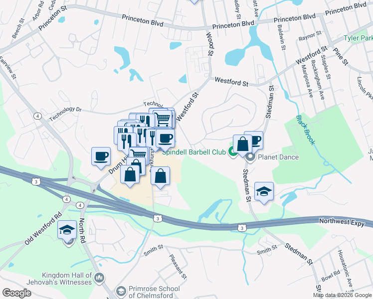 map of restaurants, bars, coffee shops, grocery stores, and more near 1236 Westford Street in Lowell