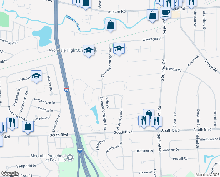 map of restaurants, bars, coffee shops, grocery stores, and more near 713 Tall Oaks Boulevard in Auburn Hills
