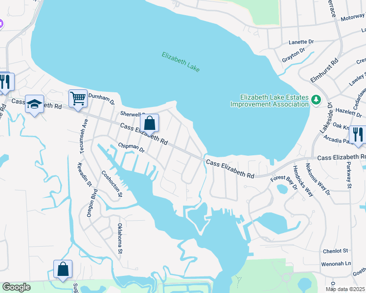 map of restaurants, bars, coffee shops, grocery stores, and more near 976 Ocallo Street in Waterford Township